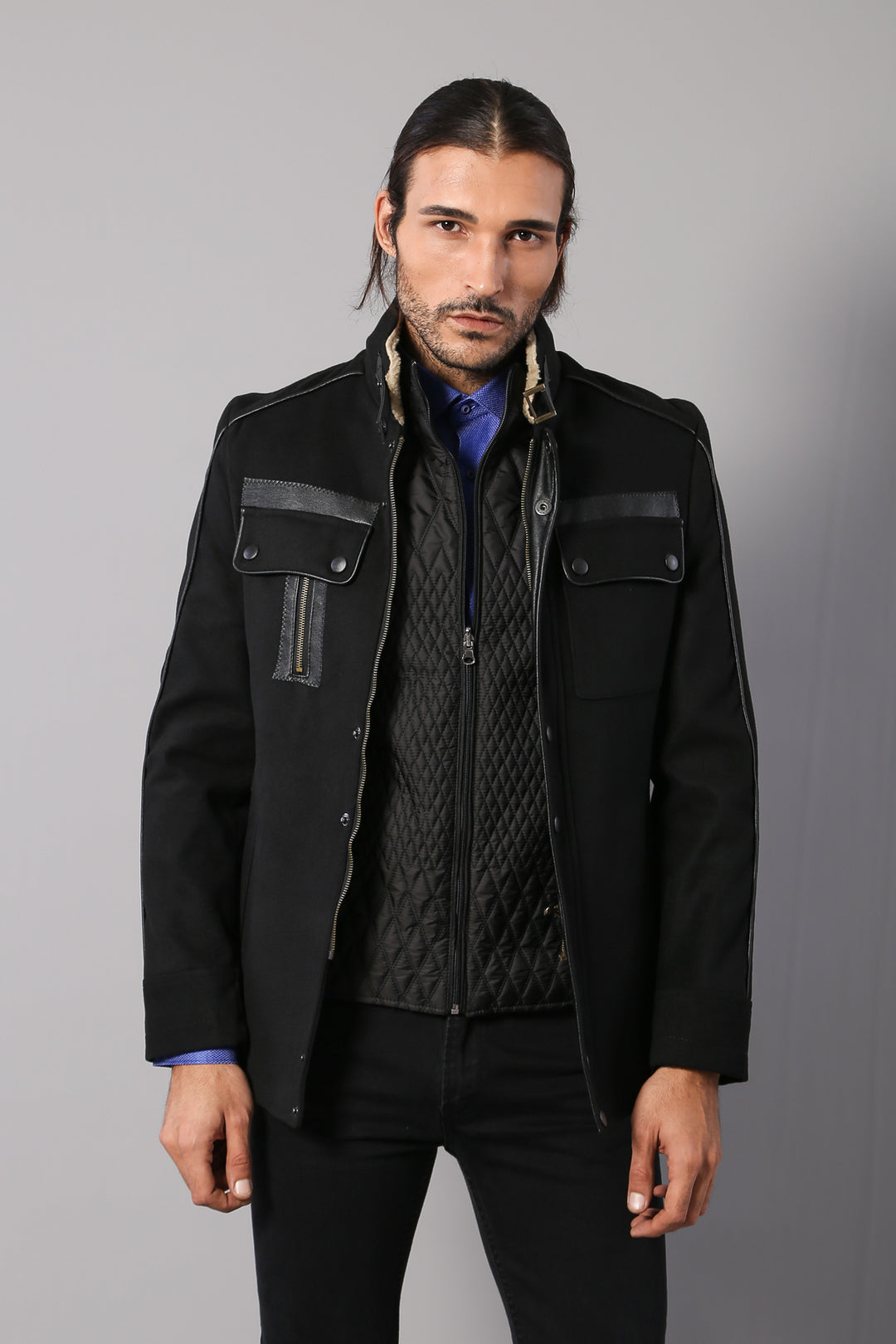 Manteau Homme Noir Col Fourrure 4 Poches - Wessi