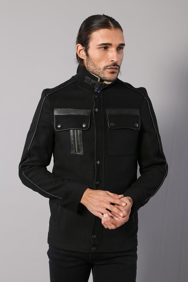 Manteau Homme Noir Col Fourrure 4 Poches - Wessi