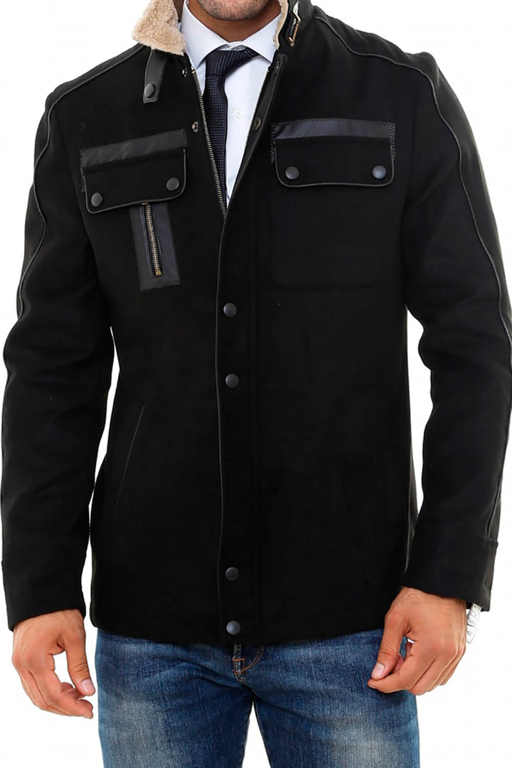 Manteau Homme Noir Col Fourrure 4 Poches - Wessi