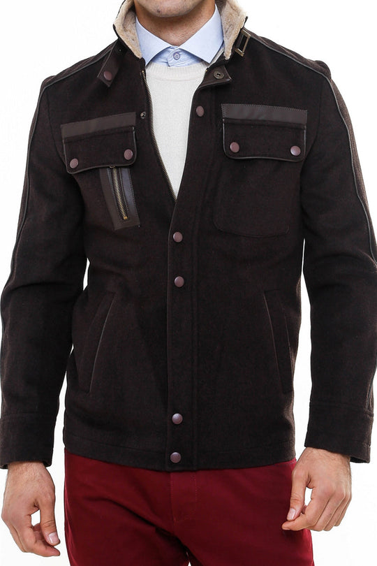 Abrigo Hombre Cuello Pelo 4 Bolsillos Marrón - Wessi