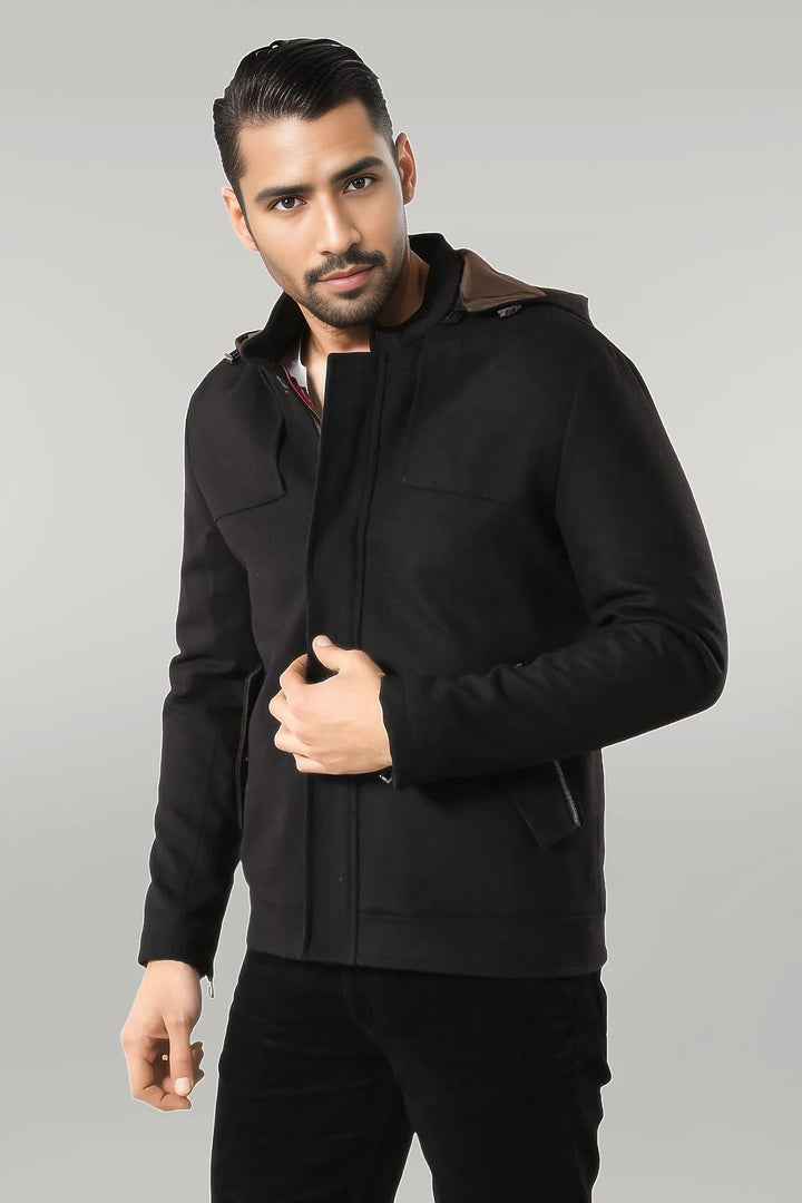 Zippered Sleeve Hooded Black Men Coat - Wessi