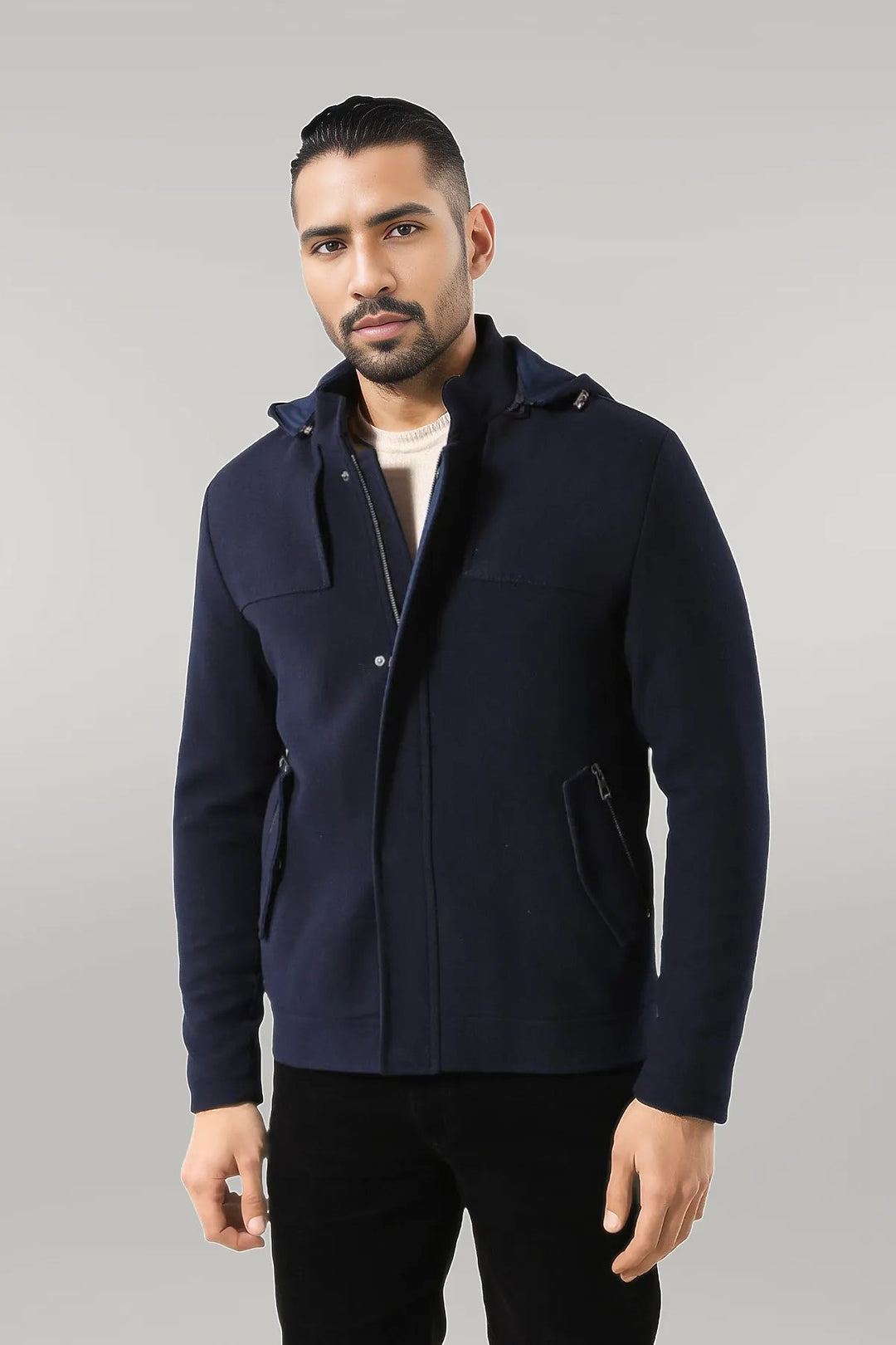 Zippered Sleeve Hooded Blue Men Coat - Wessi