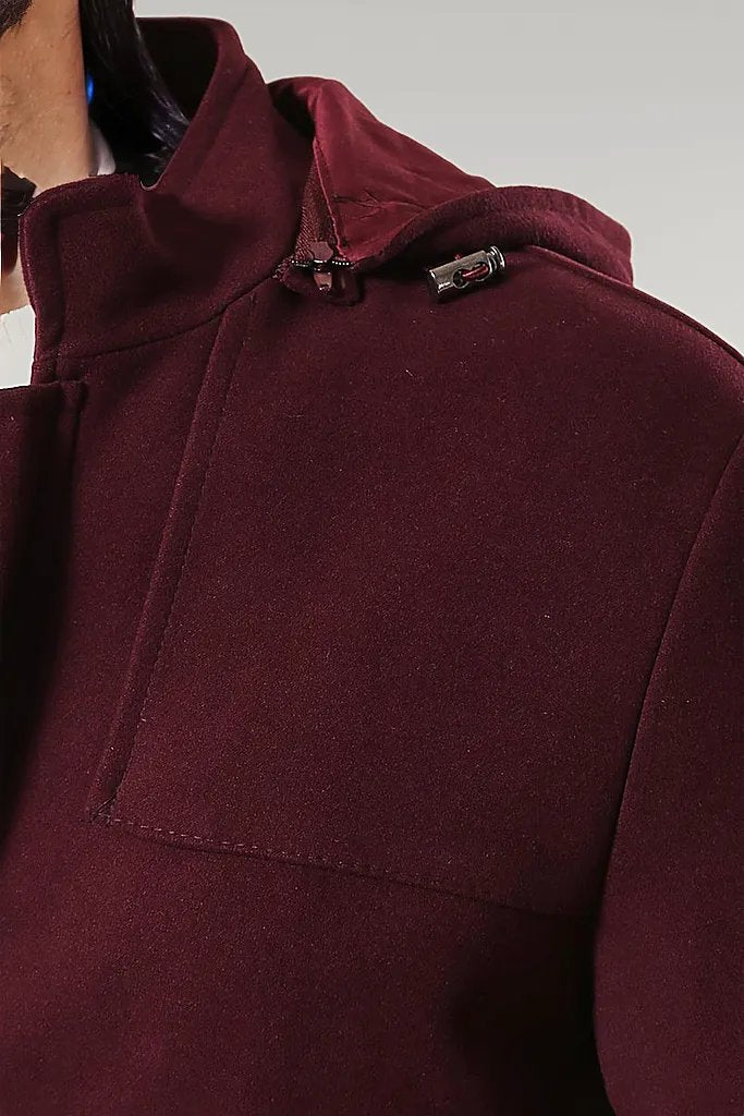 Zippered Sleeve Hooded Burgundy Coat - Wessi