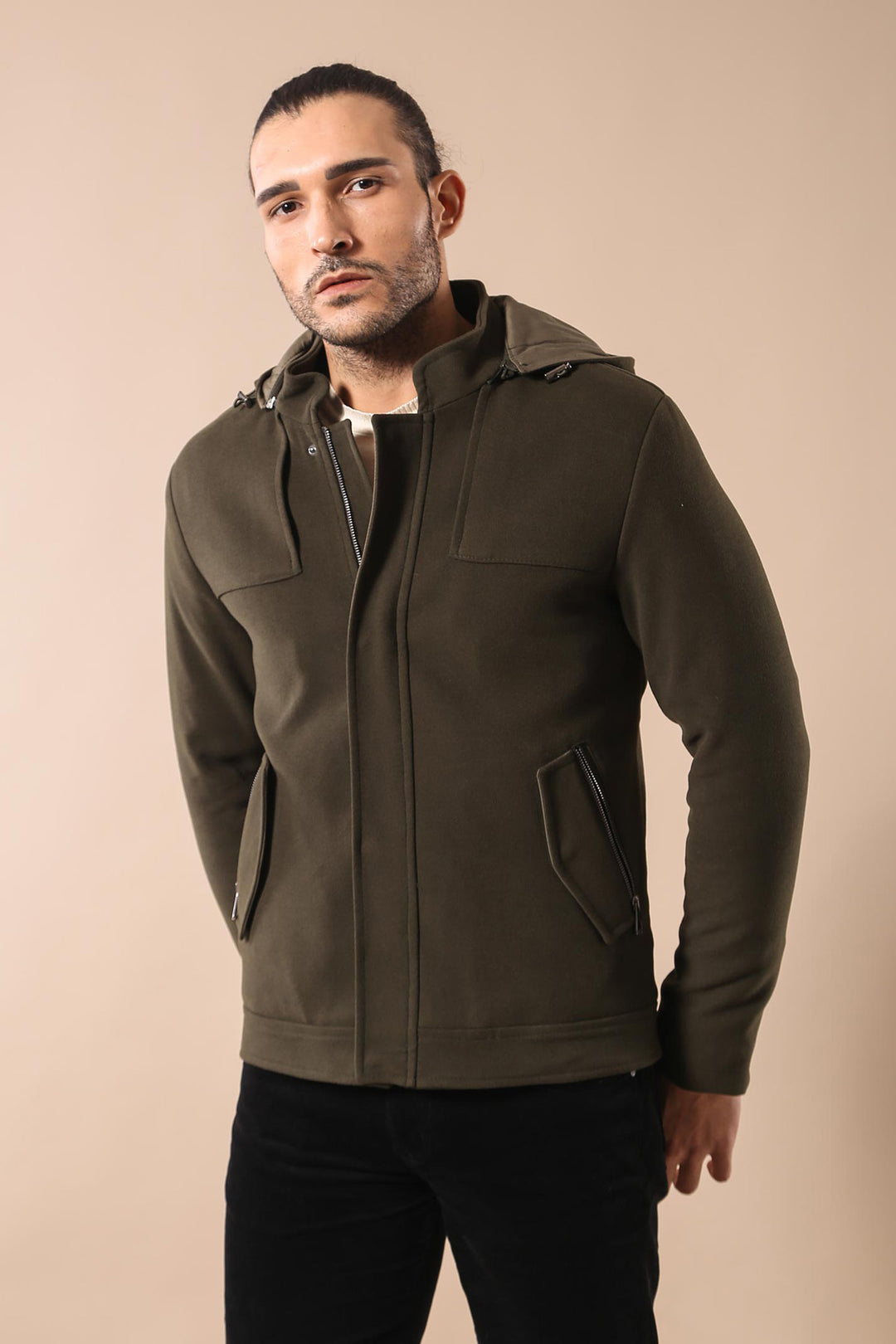Zippered Sleeve Hooded Green Coat - Wessi