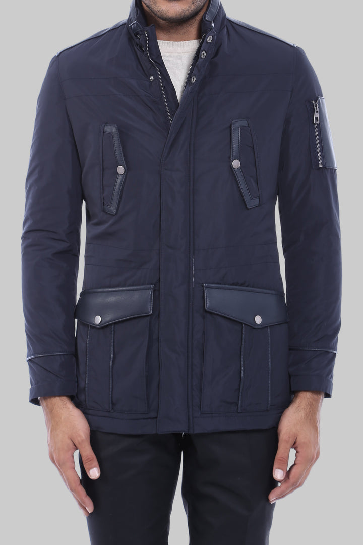 Leather Modeled Navy Blue Slim Fit Quilted Jacket - Wessi