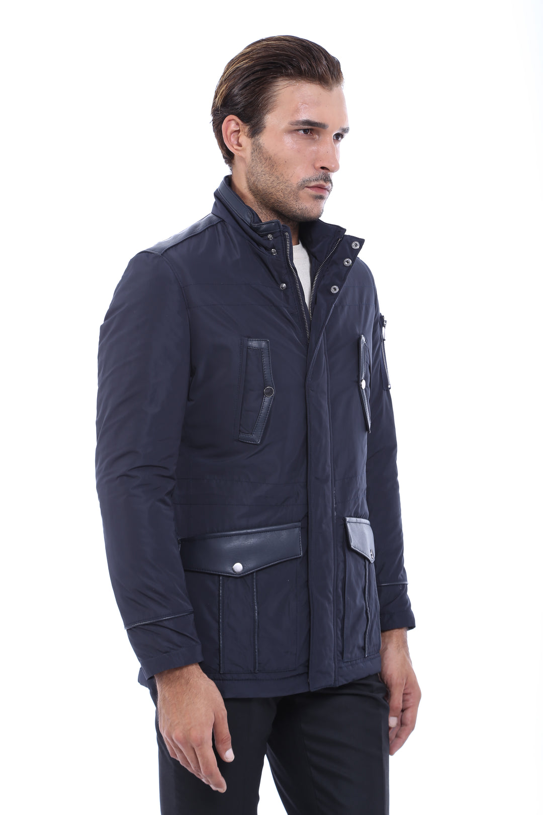 Leather Modeled Navy Blue Slim Fit Quilted Jacket - Wessi