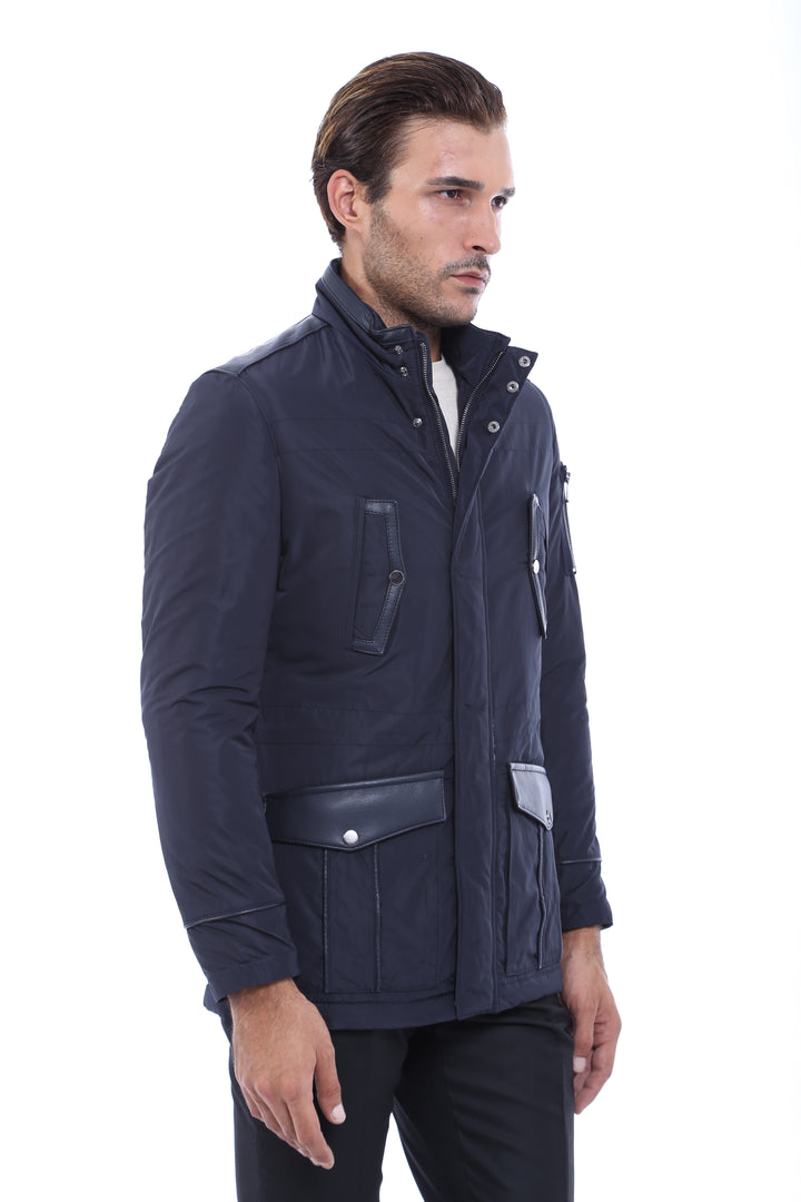 Leather Modeled Navy Blue Slim Fit Quilted Jacket - Wessi