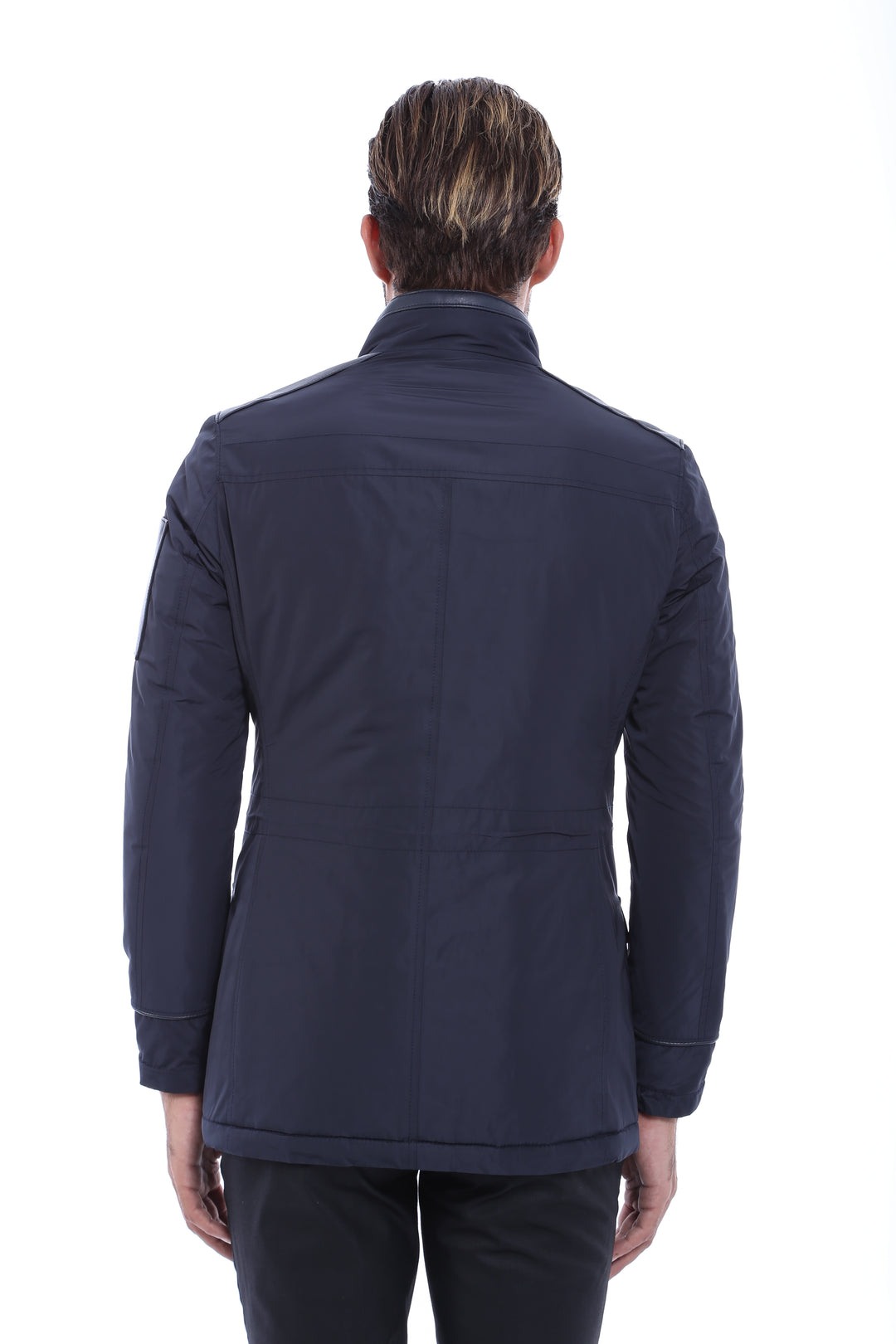 Leather Modeled Navy Blue Slim Fit Quilted Jacket - Wessi