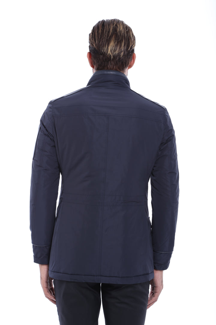 Leather Modeled Navy Blue Slim Fit Quilted Jacket - Wessi