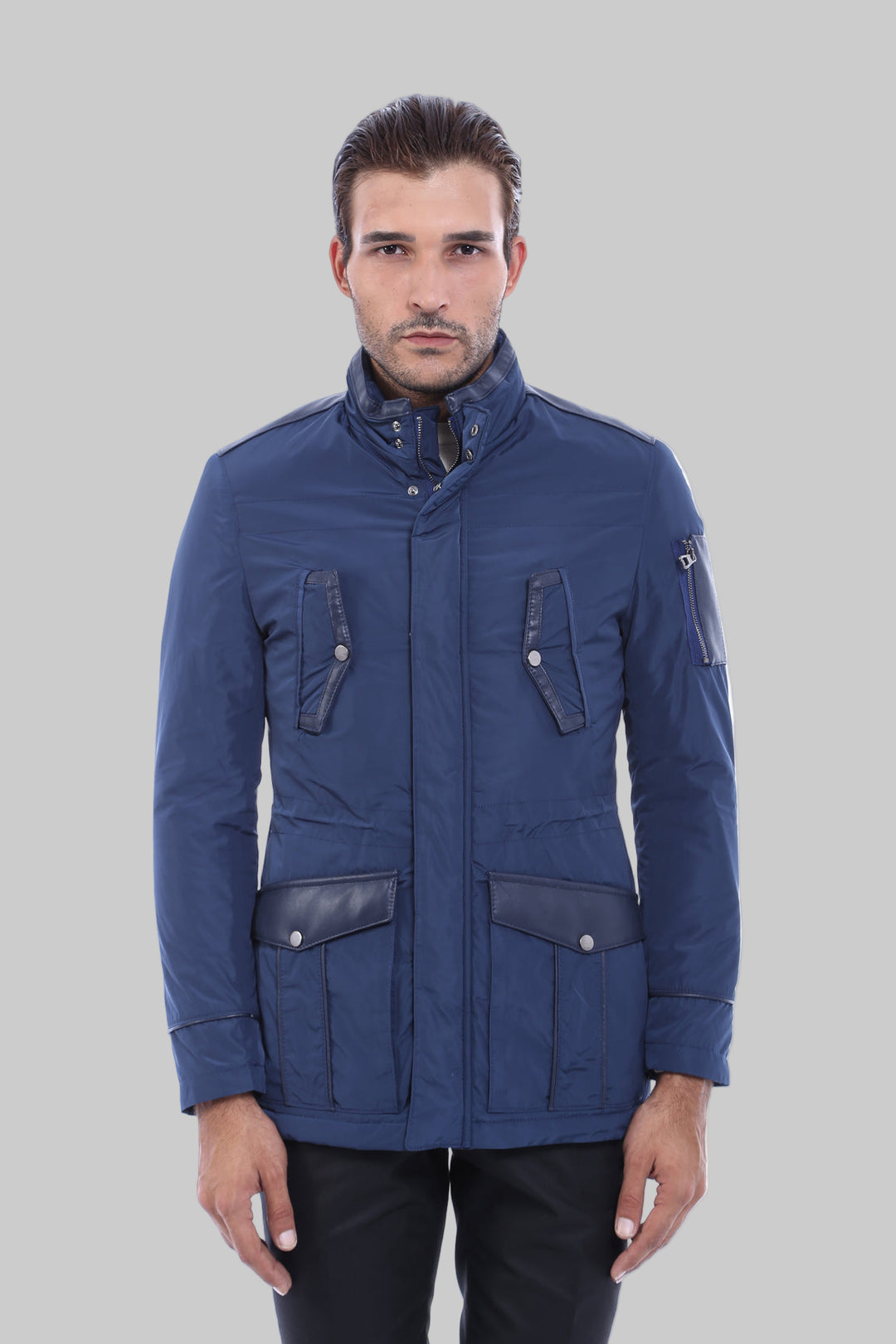 Giacca Trapuntata Slim Fit Modellata in Pelle Blu - Wessi