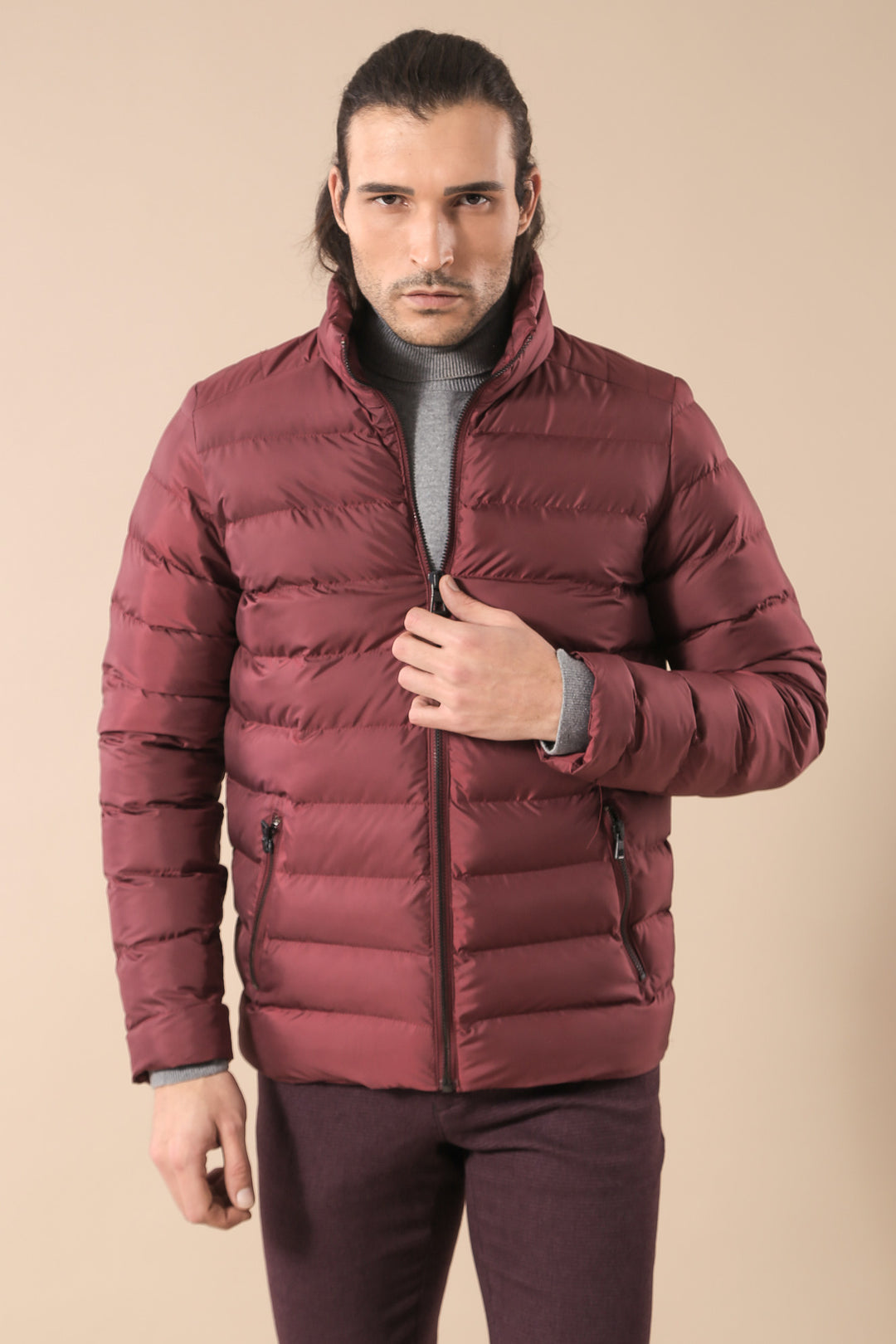 Quilted Standing Collar 2 Pockets Short Men Down Coat - Wessi