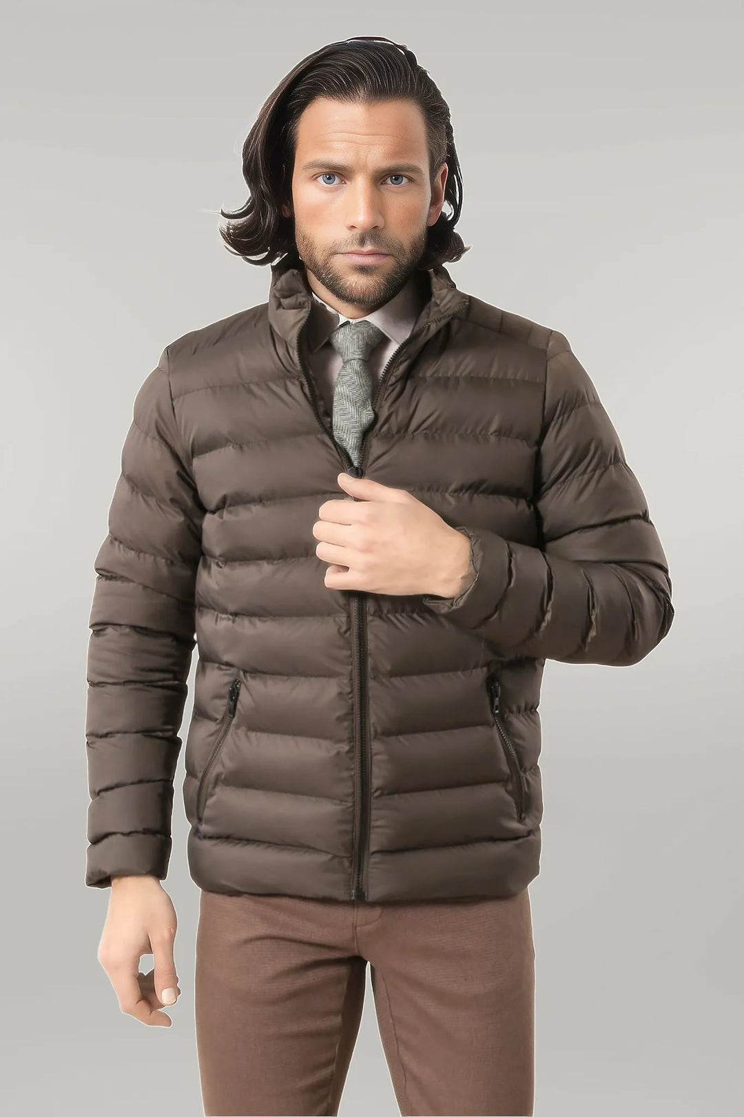 Quilted Standing Collar 2 Pockets Short Khaki Men Down Coat - Wessi