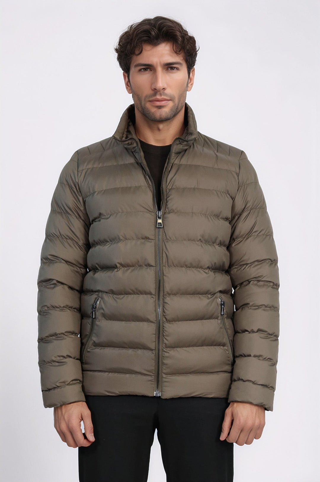 Quilted Standing Collar 2 Pockets Short Khaki Men Down Coat - Wessi