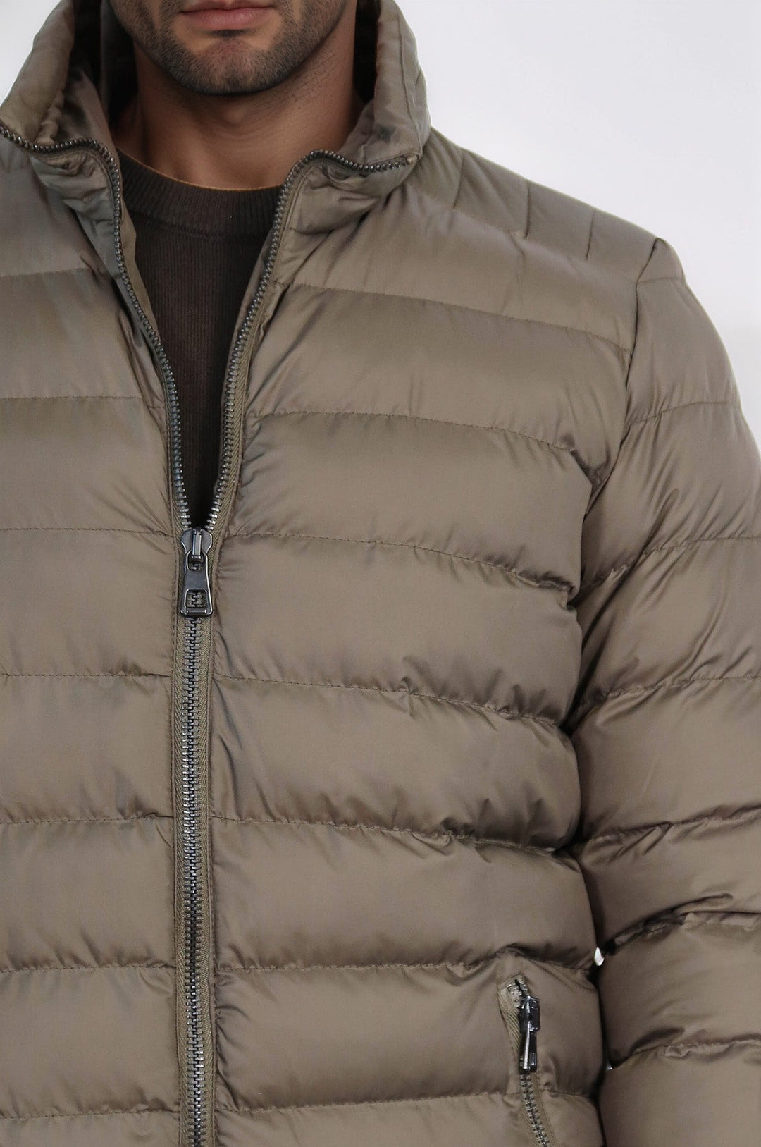 Quilted Standing Collar 2 Pockets Short Khaki Men Down Coat - Wessi