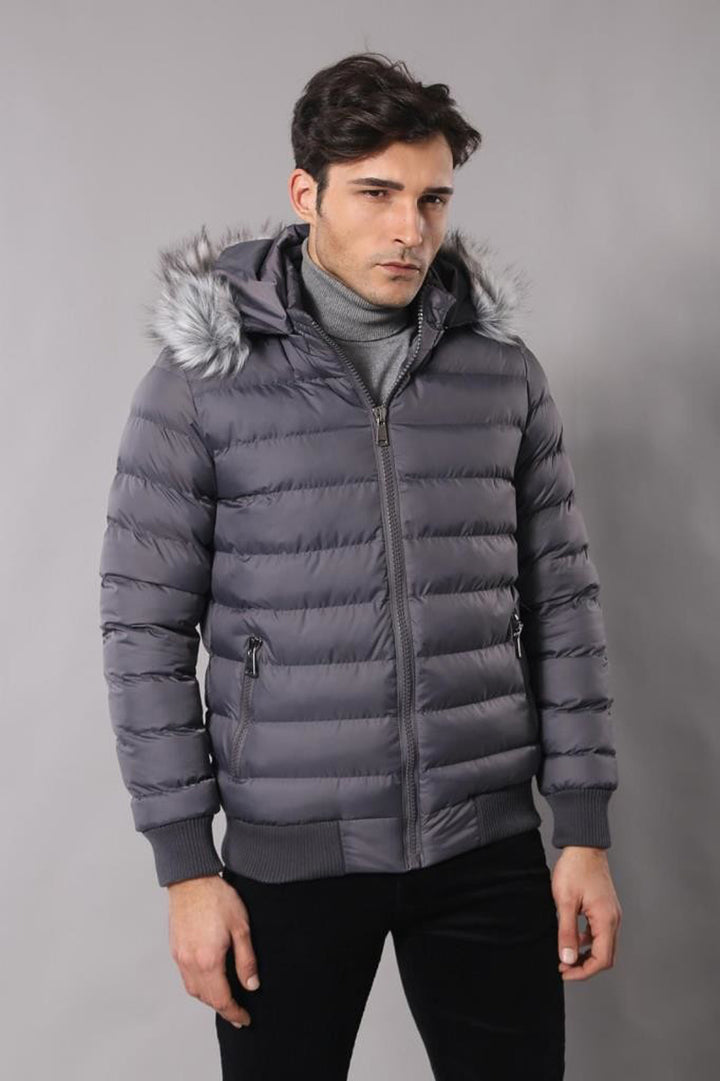 Abrigo acolchado gris con pelo para hombre - Wessi