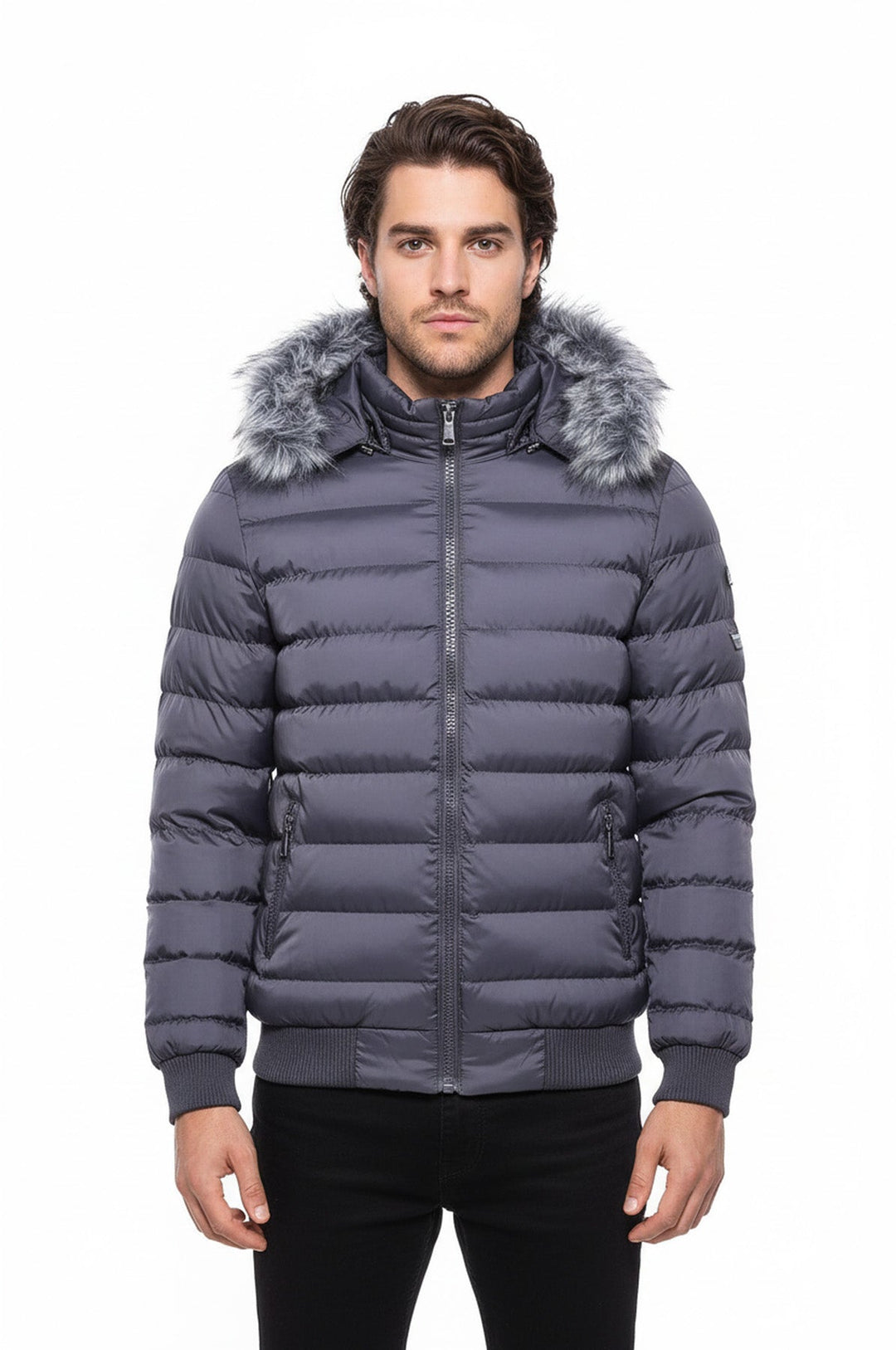 Abrigo acolchado gris con pelo para hombre - Wessi