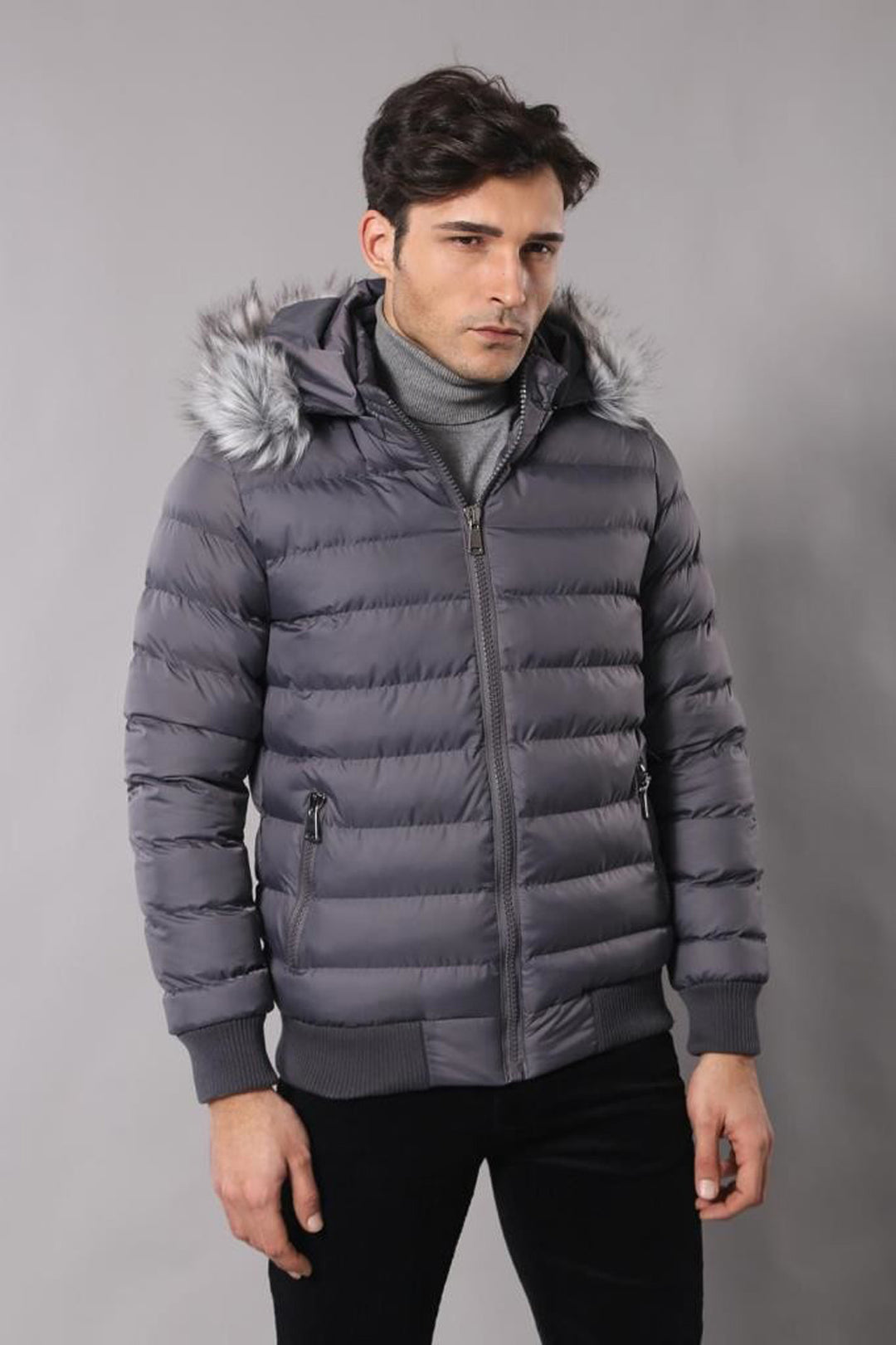 Abrigo acolchado gris con pelo para hombre - Wessi