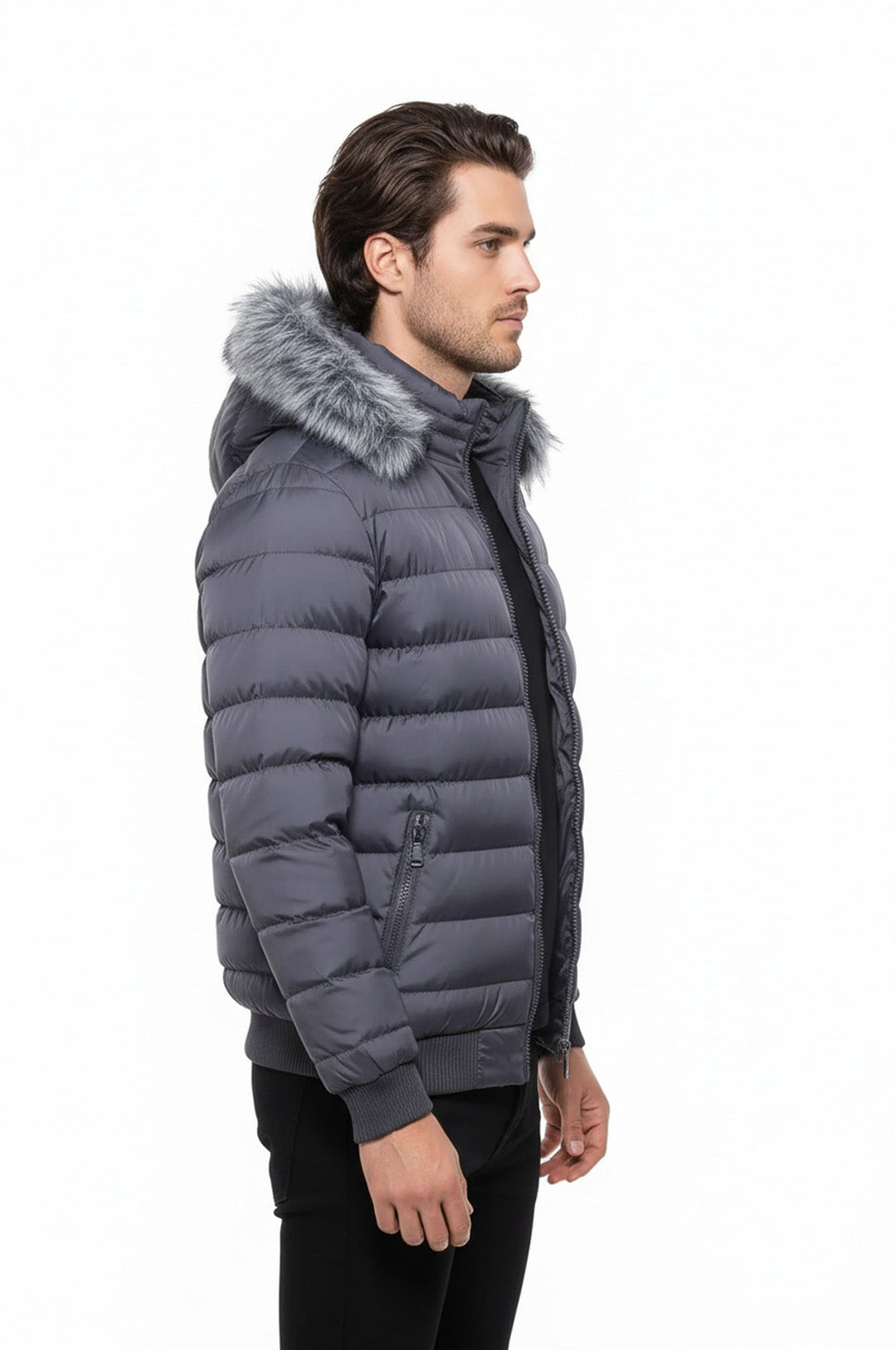 Abrigo acolchado gris con pelo para hombre - Wessi