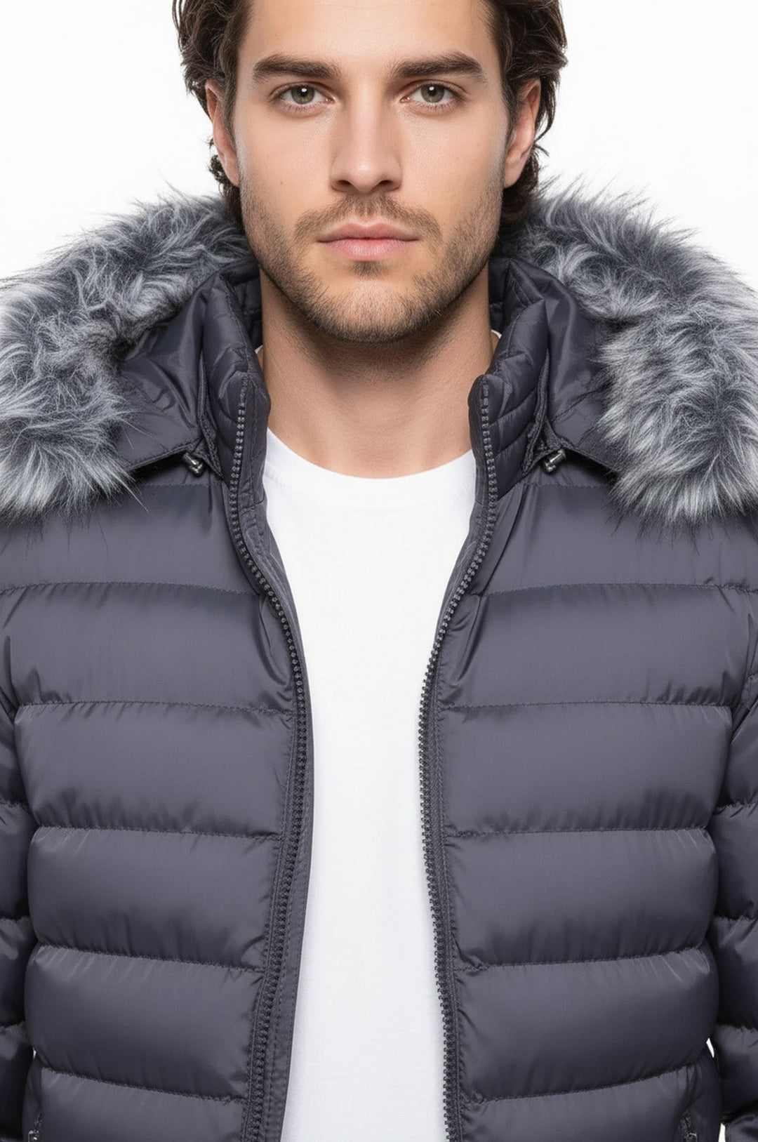 Abrigo acolchado gris con pelo para hombre - Wessi