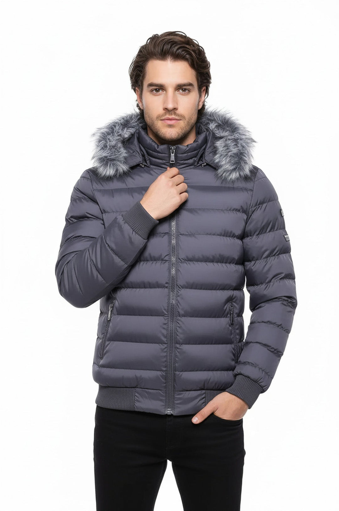 Abrigo acolchado gris con pelo para hombre - Wessi