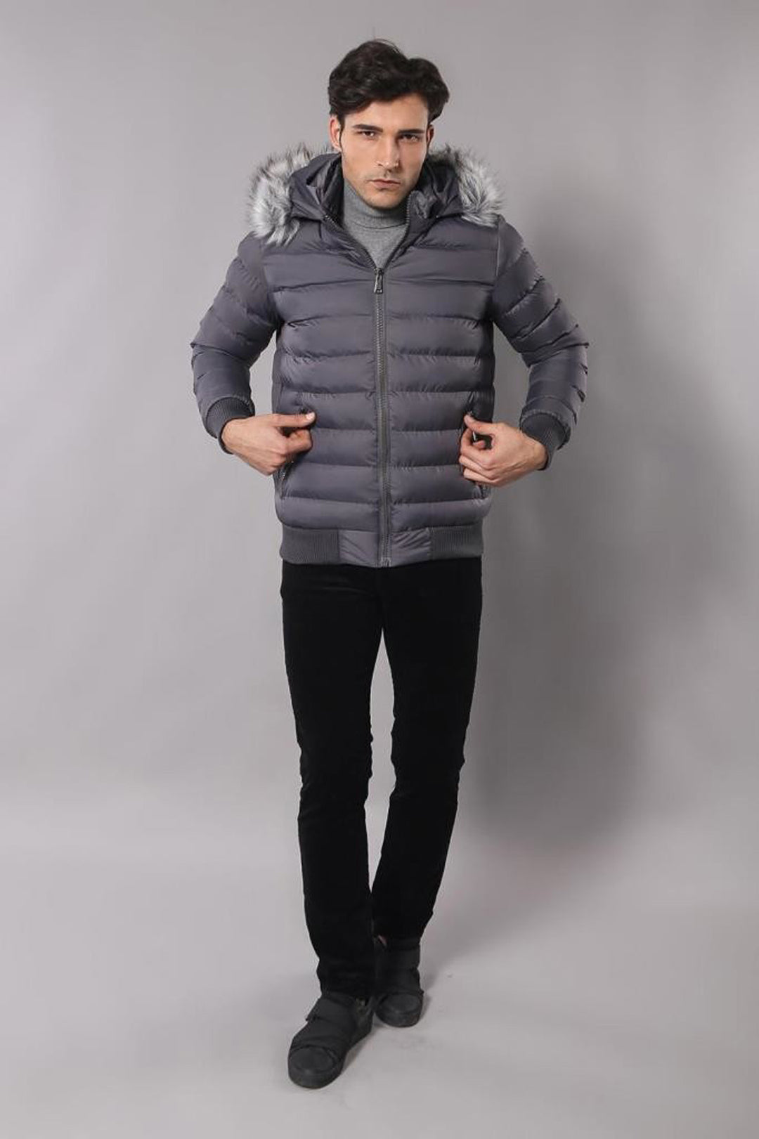 Abrigo acolchado gris con pelo para hombre - Wessi