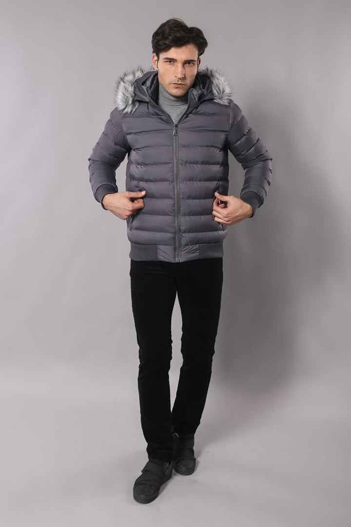 Abrigo acolchado gris con pelo para hombre - Wessi