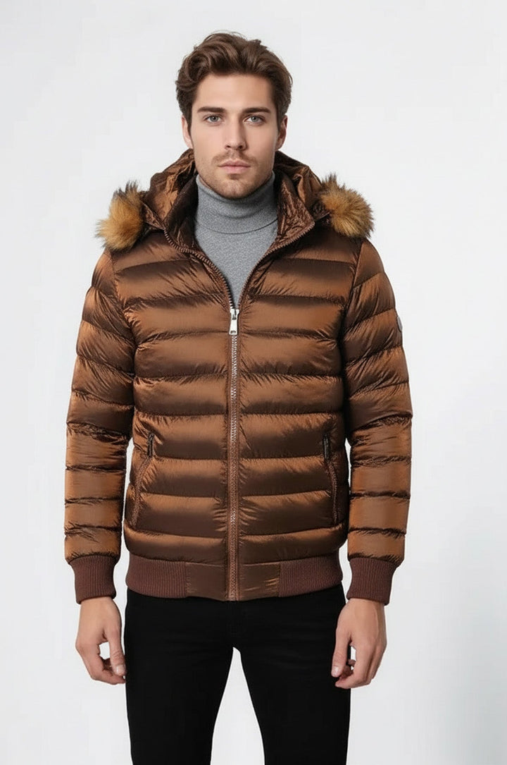 Fur Hooded Men's Puffer Coat in Tan | Wessi
