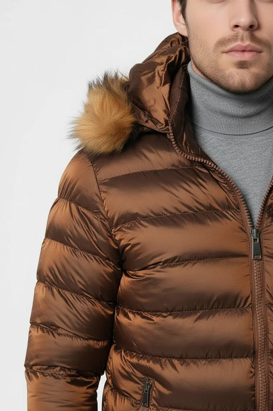 Piumino da uomo con cappuccio in pelliccia color marrone chiaro | Wess