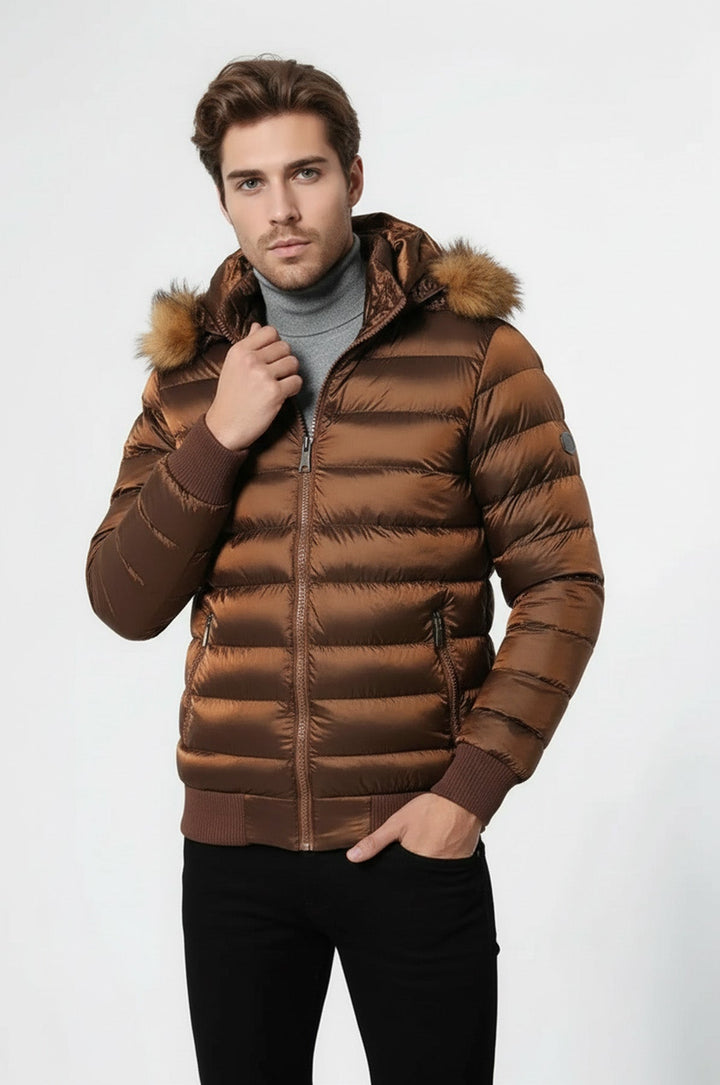 Fur Hooded Men's Puffer Coat in Tan | Wessi