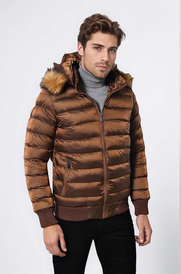 Piumino da uomo con cappuccio in pelliccia color marrone chiaro | Wess