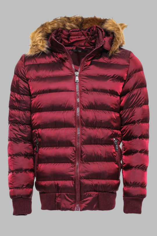 Fur Hooded Burgundy Men Down Coat - Wessi