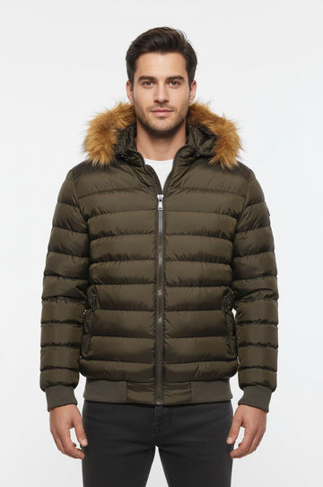 Khaki Fur Hooded Men's Puffer Coat - Wessi