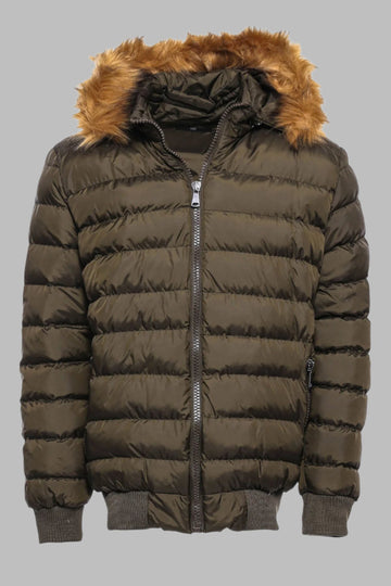 Khaki Fur Hooded Men's Puffer Coat - Wessi