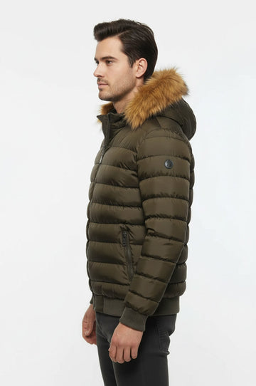 Khaki Fur Hooded Men's Puffer Coat - Wessi