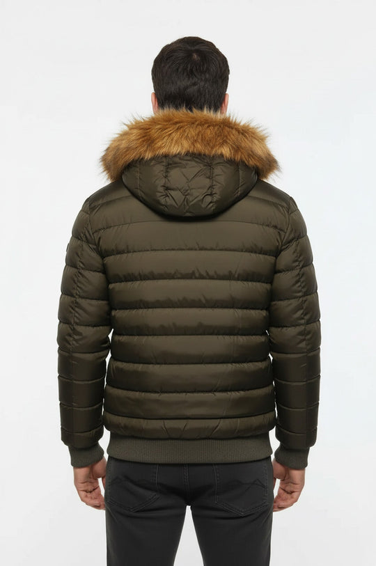 Khaki Fur Hooded Men's Puffer Coat - Wessi