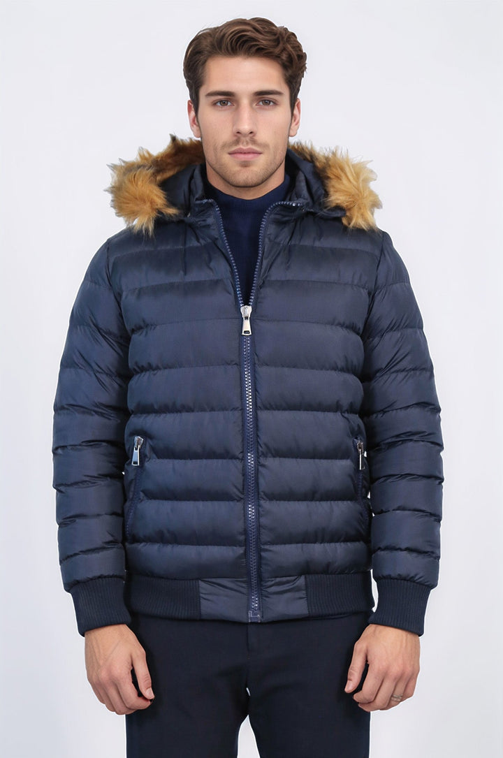 Темно-синее мужское пуховое пальто с капюшоном | Весс