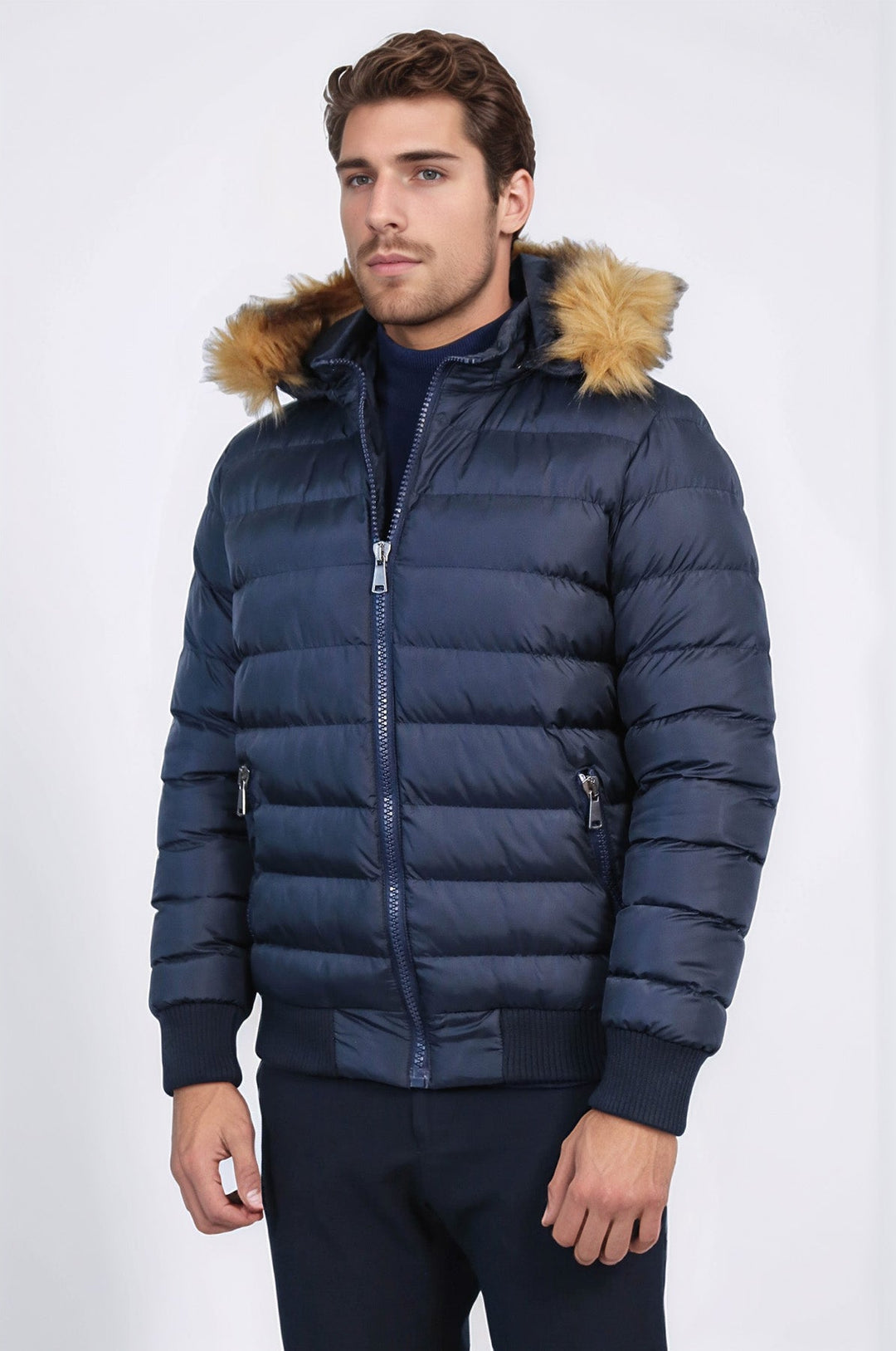Темно-синее мужское пуховое пальто с капюшоном | Весс
