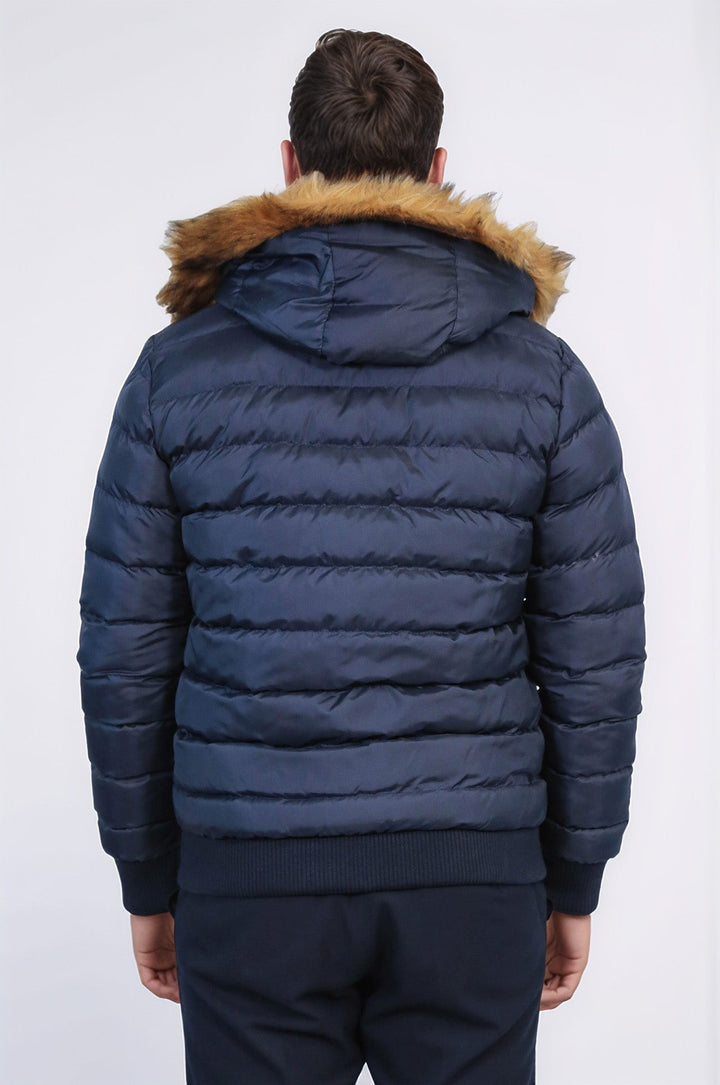 Темно-синее мужское пуховое пальто с капюшоном | Весс