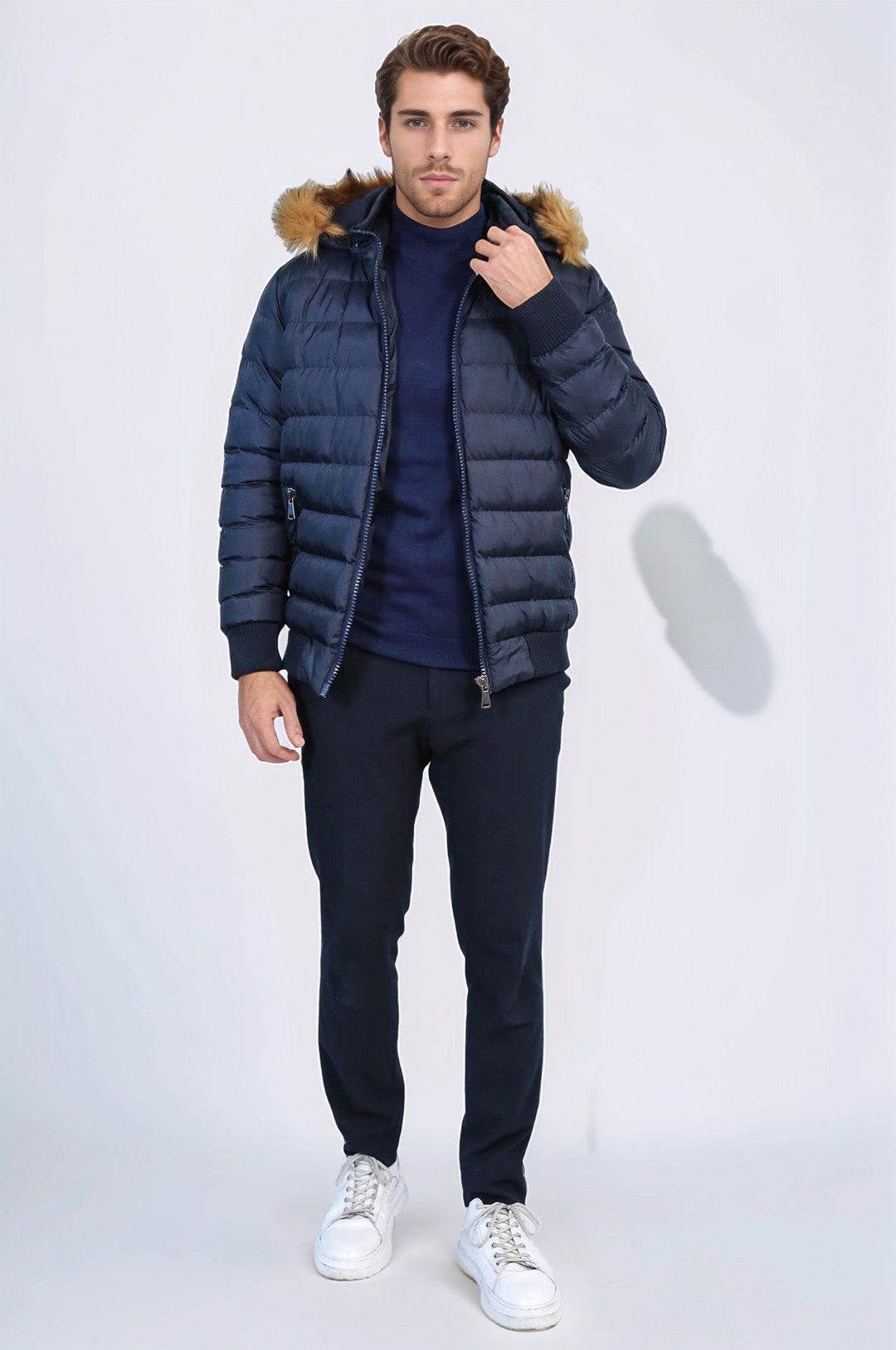 Темно-синее мужское пуховое пальто с капюшоном | Весс