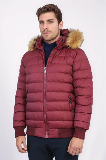 Fur Hooded Burgundy Men Down Coat - Wessi