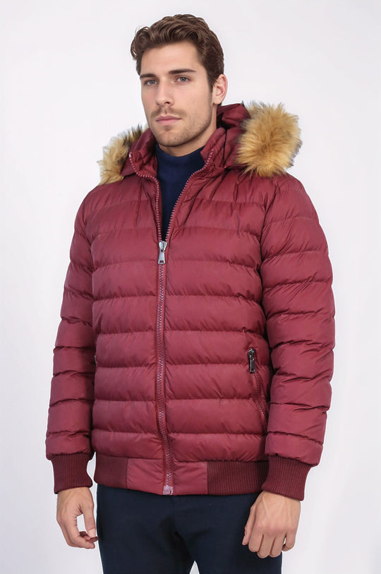 Fur Hooded Burgundy Men Down Coat - Wessi