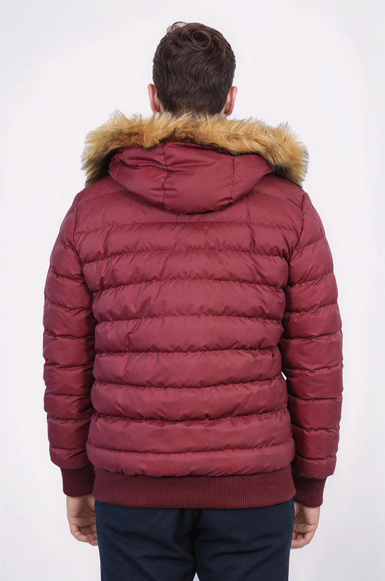 Fur Hooded Burgundy Men Down Coat - Wessi