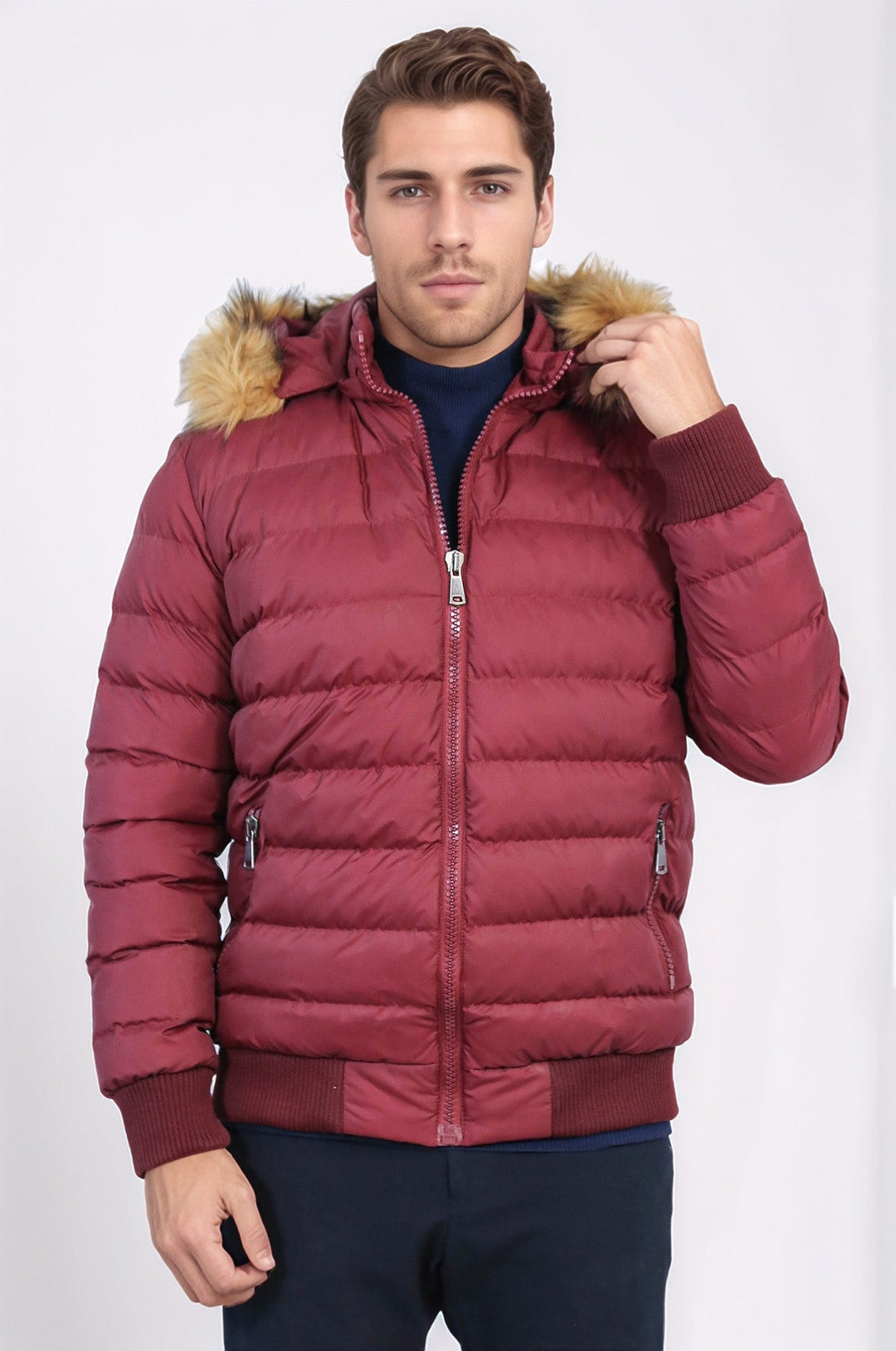 Fur Hooded Burgundy Men Down Coat - Wessi
