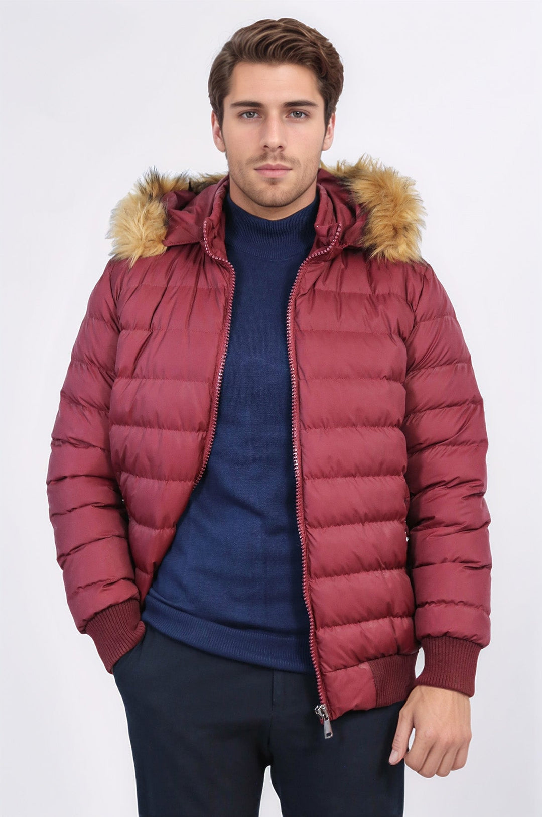 Fur Hooded Burgundy Men Down Coat - Wessi