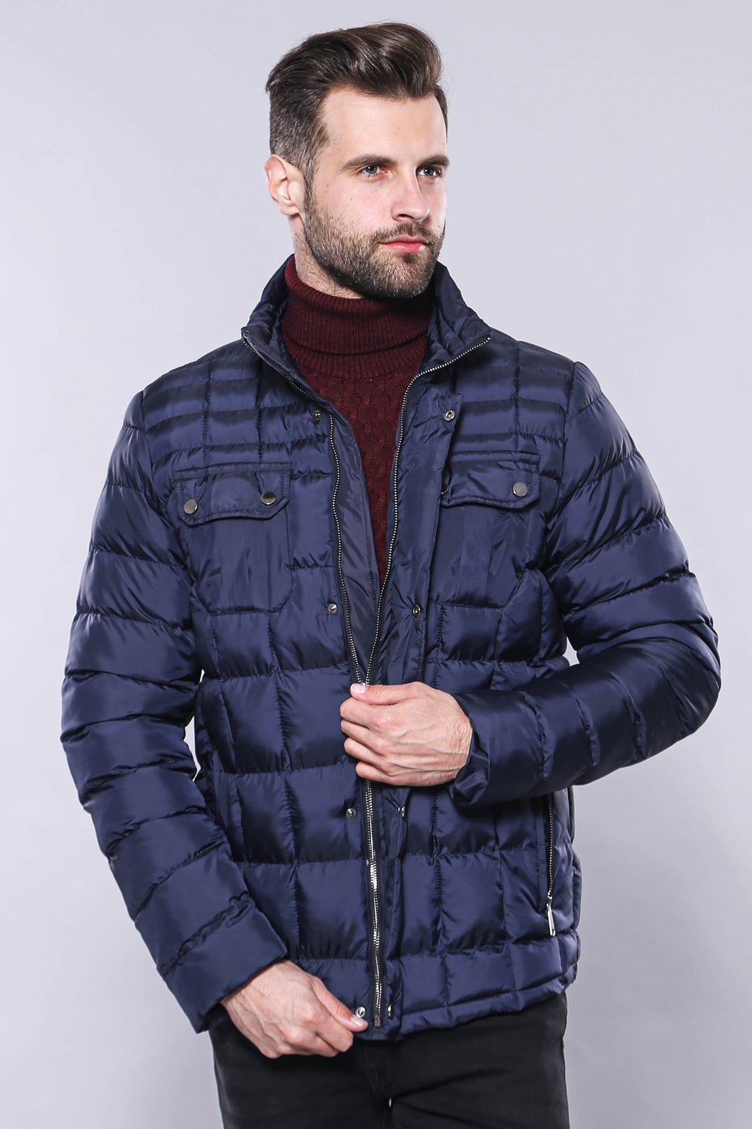 Quilted Navy Blue Men Winter Coat - Wessi