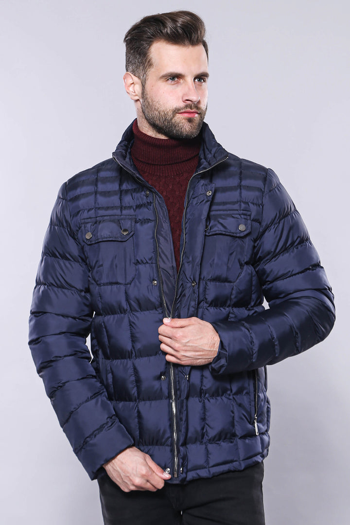 Quilted Navy Blue Men Winter Coat - Wessi