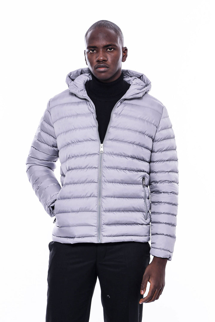 Gray Quilted Jacket, Patterned Shirt, Cardigan, and Gray Trousers Combination - Modern Winter Style - Wessi