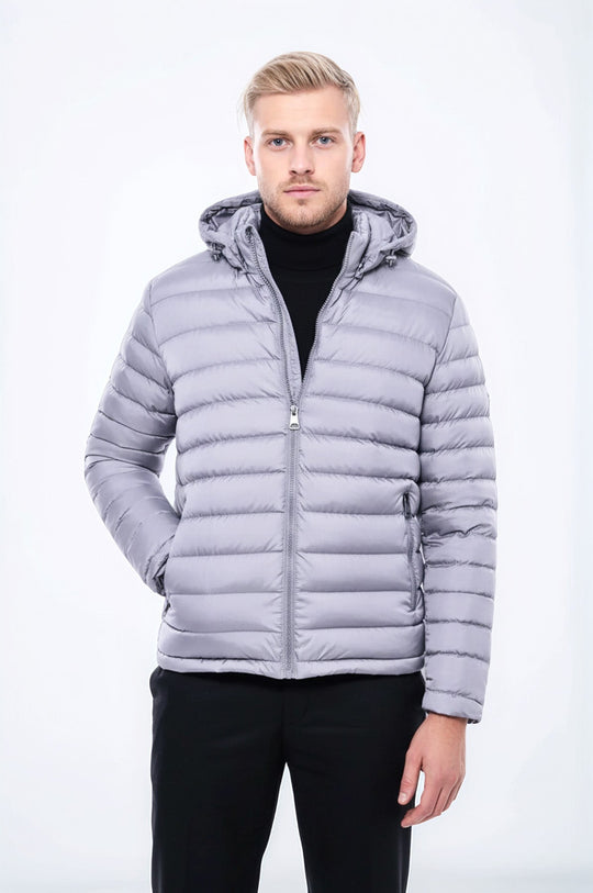 Hooded Quilted Grey Men Coat - Wessi