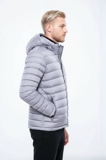 Hooded Quilted Grey Men Coat - Wessi