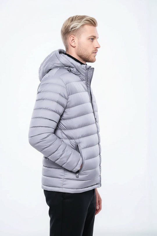 Hooded Quilted Grey Men Coat - Wessi